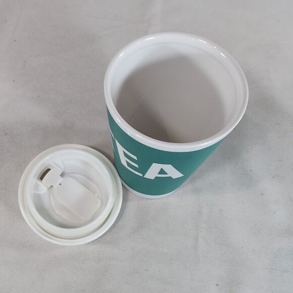 David's Tea Travel Mug Tumbler Lid Coffee Cup Teal Blue White Ceramic Logo Icon - Picture 7 of 10